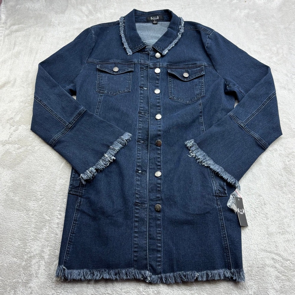 A.Z.I. Denim Jacket Women L Blue Frayed Trim Longline Stretch Button Front Chic